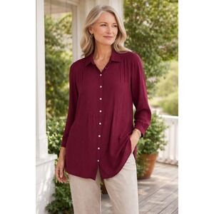 J Jill Smocked Tunic Top Women Long Sleeve Button Front Rayon Maroon size Large